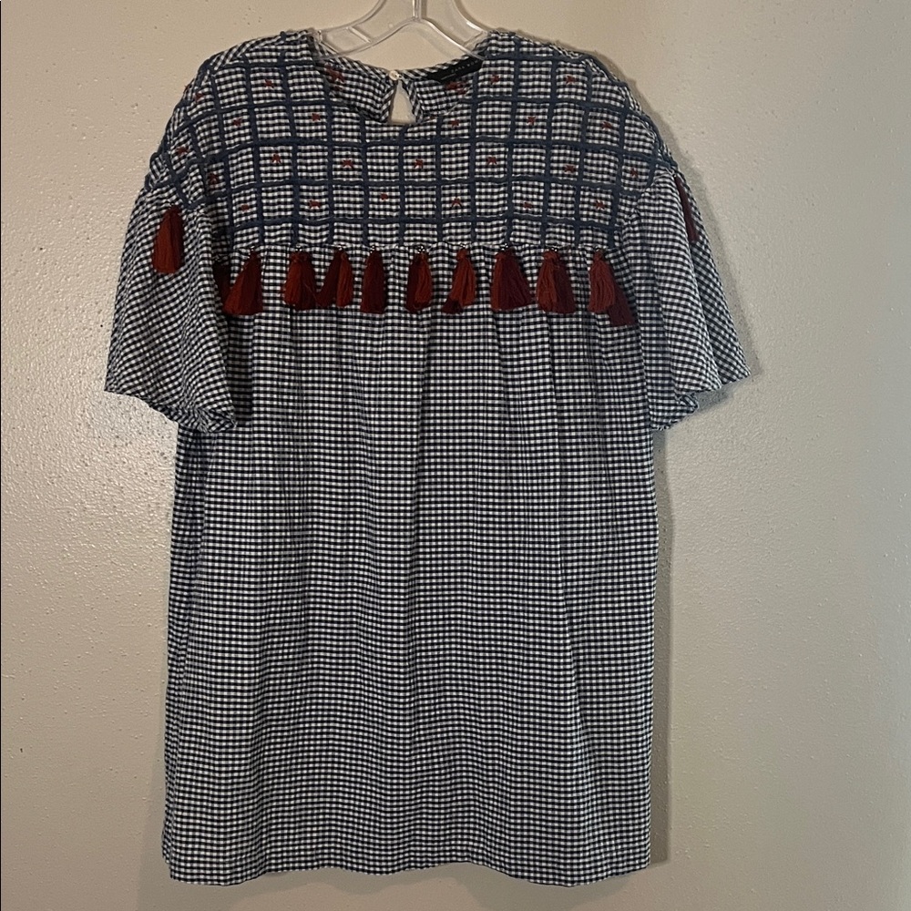 Zara Blue and White Checkered Dress with Red Accents